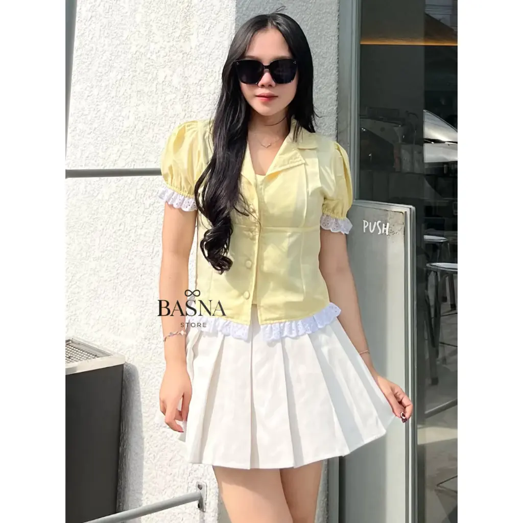 Qela Blouse Lace - Kemeja Stripe Wanita - Atasan Motif Kotak-kotak Blouse By Basna