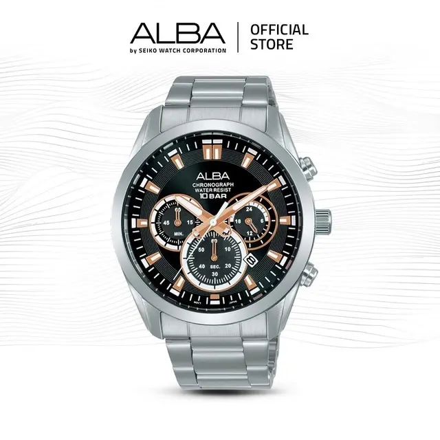 Alba Active Jam Tangan Pria Chronograph AT3H67 / AT3H67X1 Quartz Black Dial Stainless Steel Strap Watch